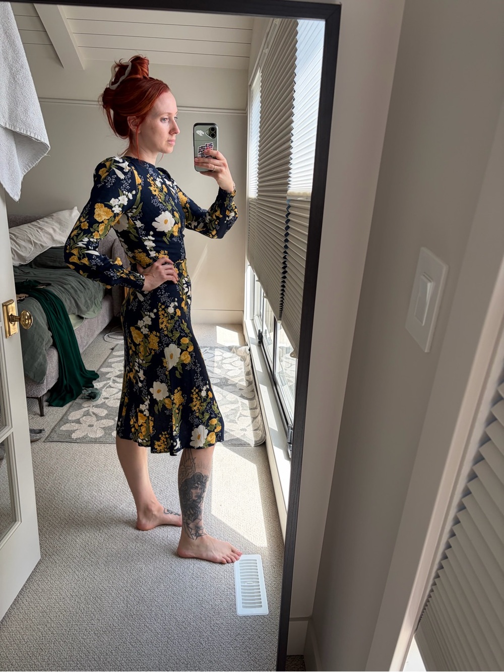 Reformation Navy Floral Midi Dress with Yellow & White Blooms - Picture 2 of 3